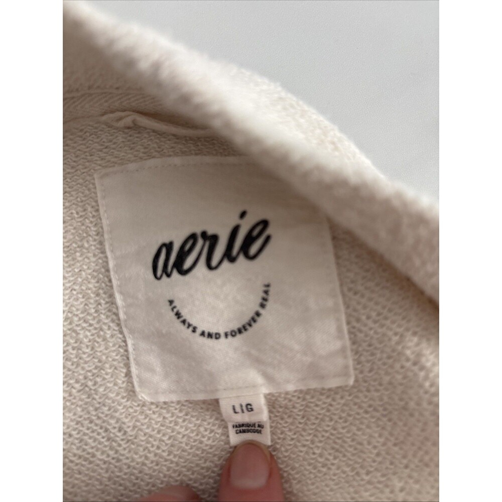 Aerie Vacay Fleece Oversized Cardigan Oatmeal Button Front Raw Seam Sz L - Picture 4 of 6